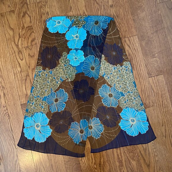 2/$20 👒 Vintage Oldstock Sheer Scarf with Blue and Brown Floral Pattern - Picture 5 of 6